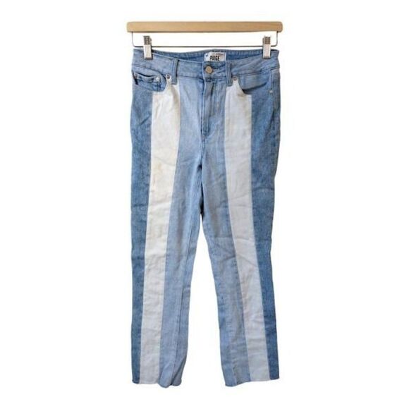 PAIGE Denim - Paige Sz 27 Cindy Patchwork Blue Sky Piercing Jeans Straight Blue White Stretch